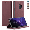CaseMe-013 Estuche multifuncional de cuero abatible horizontal retro esmerilado con ranura para tarjeta, soporte y billetera para Galaxy S9 (rojo vino)