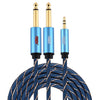 EMK Conector macho de 3,5 mm a 2 conectores macho de 6,35 mm Conector chapado en oro Cable AUX trenzado de nailon para computadora / X-BOX / PS3 / CD / DVD, Longitud del cable: 3 m (azul oscuro)