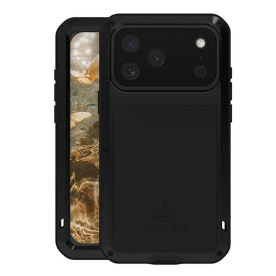Carcasa blindada LOVE MEI color negro para iPhone 17 Pro Max, vista frontal y trasera