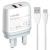 Cargador rápido USB + tipo C LDNIO Q229 QC3.0/PD20W con cable USB a micro USB de 1 m, tipo de enchufe: enchufe británico (blanco)