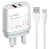 Cargador rápido USB + tipo C LDNIO Q229 QC3.0/PD20W con cable USB a tipo C de 1 m, tipo de enchufe: enchufe británico (blanco)