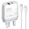 Cargador rápido USB + tipo C LDNIO Q229 QC3.0/PD20W con cable tipo C a 8 pines de 1 m, tipo de enchufe: enchufe británico (blanco)
