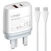 Cargador rápido USB + tipo C LDNIO Q229 QC3.0/PD20W con cable tipo C a tipo C de 1 m, tipo de enchufe: enchufe británico (blanco)
