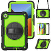 Funda antigolpes de silicona y policarbonato con soporte giratorio y correa para el hombro para Xiaomi Redmi Pad 2 9.7 (2026) – Negro + amarillo y verde