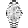 OLEVS 9801 Reloj mecánico de doble calendario resistente al agua con diamantes para hombre (blanco)