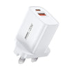 Cargador rápido REMAX U187 de 20 W con puerto USB y tipo C GaN. Especificaciones: enchufe británico (blanco).