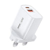 Cargador rápido REMAX U187 de 30 W con puerto USB y tipo C GaN. Especificaciones: enchufe británico (blanco).