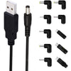 Cable de alimentación USB de 1,5 m a conector macho de CC de 5,5 x 2,1 mm con 10 convertidores (negro)