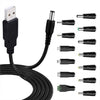 Cable de alimentación USB de 1,5 m a conector macho de CC de 5,5 x 2,1 mm con 13 convertidores (negro)