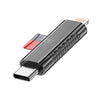 Lector de tarjetas ultracompacto de aleación de zinc con puertos duales USB-C/Tipo-C y de 8 pines. Compatible con tarjetas TF y Micro SD (con posible deslustre).
