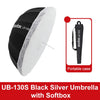 Difusor reflector Godox Photography Studio UB-130S, paraguas negro y plateado con softbox.