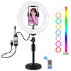 PULUZ 7,9 pulgadas 20 cm RGBW Light + Base redonda Montaje de escritorio Regulable LED de temperatura de color dual Anillo de luz curvo LED Vlogging Selfie Fotografía Video Luces con abrazadera para teléfono (Negro)