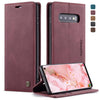 CaseMe-013 Estuche multifuncional de cuero abatible horizontal retro esmerilado para Galaxy S10, con ranura para tarjeta, soporte y billetera (rojo vino)