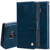 Estuche de cuero con tapa horizontal con textura de cera de aceite de estilo empresarial para Galaxy J2 Core, con soporte, ranuras para tarjetas y billetera (azul)