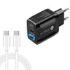 PD25W USB-C / TYP-C + QC3.0 Puertos de doble puertos USB con USB-C a Cable de datos USB-C, enchufe de la UE (Negro)
