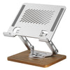 J27 - Soporte de refrigeración de metal para tabletas y portátiles con base de madera giratoria plegable para escritorio (plateado)