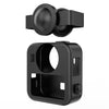 Carcasa protectora de silicona para GoPro MAX2 con tapas de lente dobles, correa y cubierta lateral de batería.