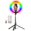Anillo de luz RGB de 10 pulgadas con soporte giratorio para teléfono y palo selfie portátil.