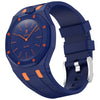 Correa de silicona de color contrastante con hebilla de acero inoxidable integrada para Swatch Royal Pop (azul oscuro y naranja).