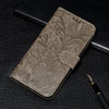Estuche de cuero con tapa horizontal con estampado de flores de encaje para Galaxy Note10 +, con soporte, ranuras para tarjetas, billetera, marco de fotos y cordón (gris)