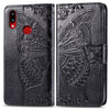 Para Galaxy A10s Butterfly Love Flowers Estuche de cuero con tapa horizontal en relieve con soporte, ranuras para tarjetas, billetera y cordón (negro)