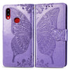 Para Galaxy A10s Butterfly Love Flowers Estuche de cuero con tapa horizontal en relieve con soporte, ranuras para tarjetas, billetera y cordón (morado claro)