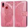 Para Galaxy A10s Butterfly Love Flowers Estuche de cuero con tapa horizontal en relieve con soporte, ranuras para tarjetas, billetera y cordón (rosa)