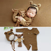 Ropa de fotografía para recién nacido Mono de punto para bebé + Sombrero + Muñeco de ratón Conjunto de tres piezas (Marrón)