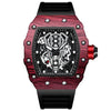 BINBOND B6577 Reloj de cuarzo deportivo resistente al agua con forma de barril de 30 m (silicio negro-rojo-negro)