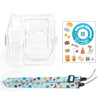 Estuche de cristal para bolsa de fotos Fuji Instax Mini SE, correa para el hombro, juego de pegatinas de cuerda (azul, playa, viaje)