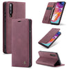 CaseMe-013 Estuche multifuncional de cuero abatible horizontal retro esmerilado para Galaxy A70, con ranura para tarjeta, soporte, billetera con cremallera y marco de fotos (rojo vino)