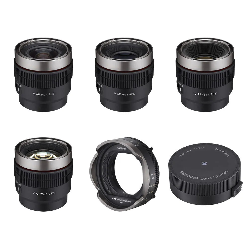 Samyang Maleta 4 Lentes Cine 24mm 35mm 45mm y 75mm T1.9 Adaptador Enfoque Manual y Lens Station