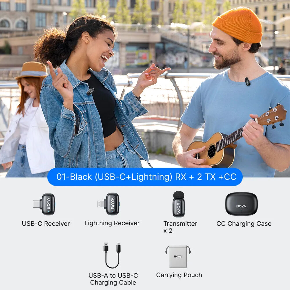 Boya BOYAMINI 2-01 Sistema de Micrófono Inalámbrico para 2 Personas (Lightning y USB-C con Caja de Carga) Negro Mate