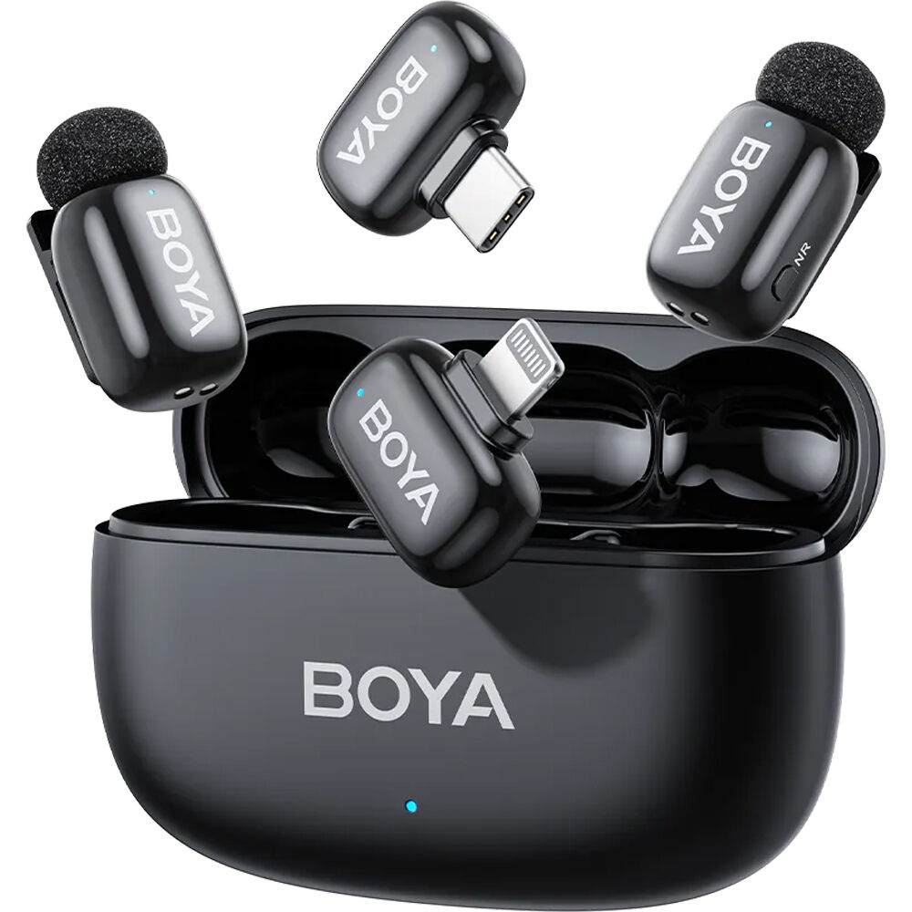 Boya BOYAMINI 2-01 Sistema de Micrófono Inalámbrico para 2 Personas Lightning y USB-C con Caja de Carga, Lunar Silver (Brillante)