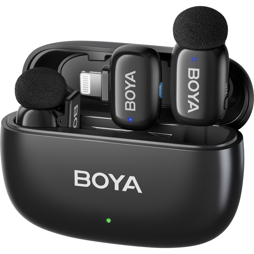 Kit Boya BOYAMINI 2-03 con micrófonos, receptor Lightning y estuche de carga