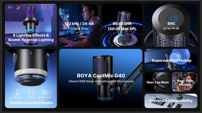 BOYA CastMic G40 – Micrófono USB RGB para Gaming, Streaming y Creación de Contenido