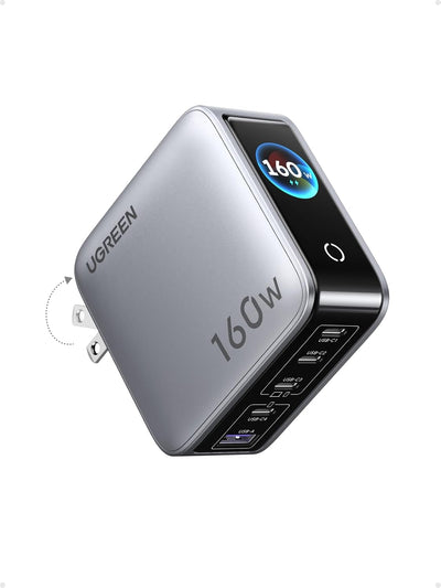 Cargador UGREEN Nexode Pro 160W GaN gris vista frontal con pantalla