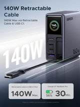 Cargador UGREEN Nexode Pro 160W retráctil puertos y conexiones