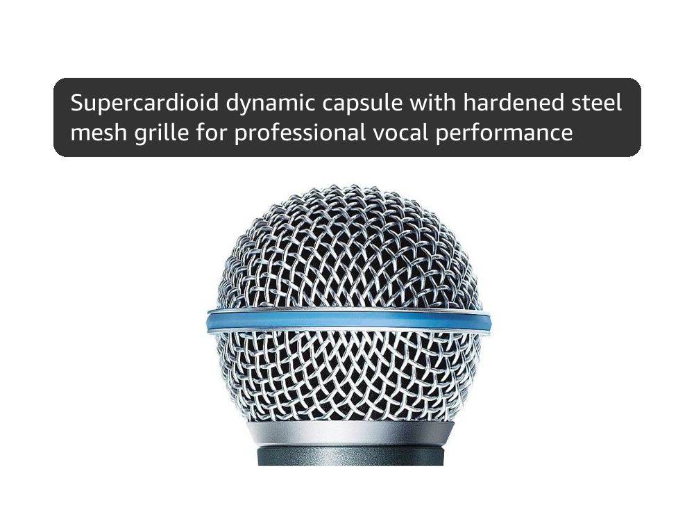 Shure BETA 58A Vocal Microphone - Single Element Supercardioid Dynamic Mic for Stage and Studio, Includes A25D Adjustable Stand Adapter, 5/8” to 3/8”  Thread Adapter and Storage Bag