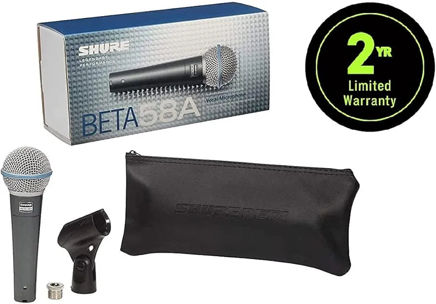 Shure BETA 58A Vocal Microphone - Single Element Supercardioid Dynamic Mic for Stage and Studio, Includes A25D Adjustable Stand Adapter, 5/8” to 3/8”  Thread Adapter and Storage Bag