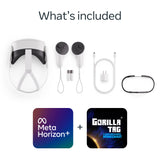 Meta Quest 3S – contenido de la caja: visor, controles Touch Plus, cable USB-C, cargador y bundle Gorilla Tag + Meta Horizon+