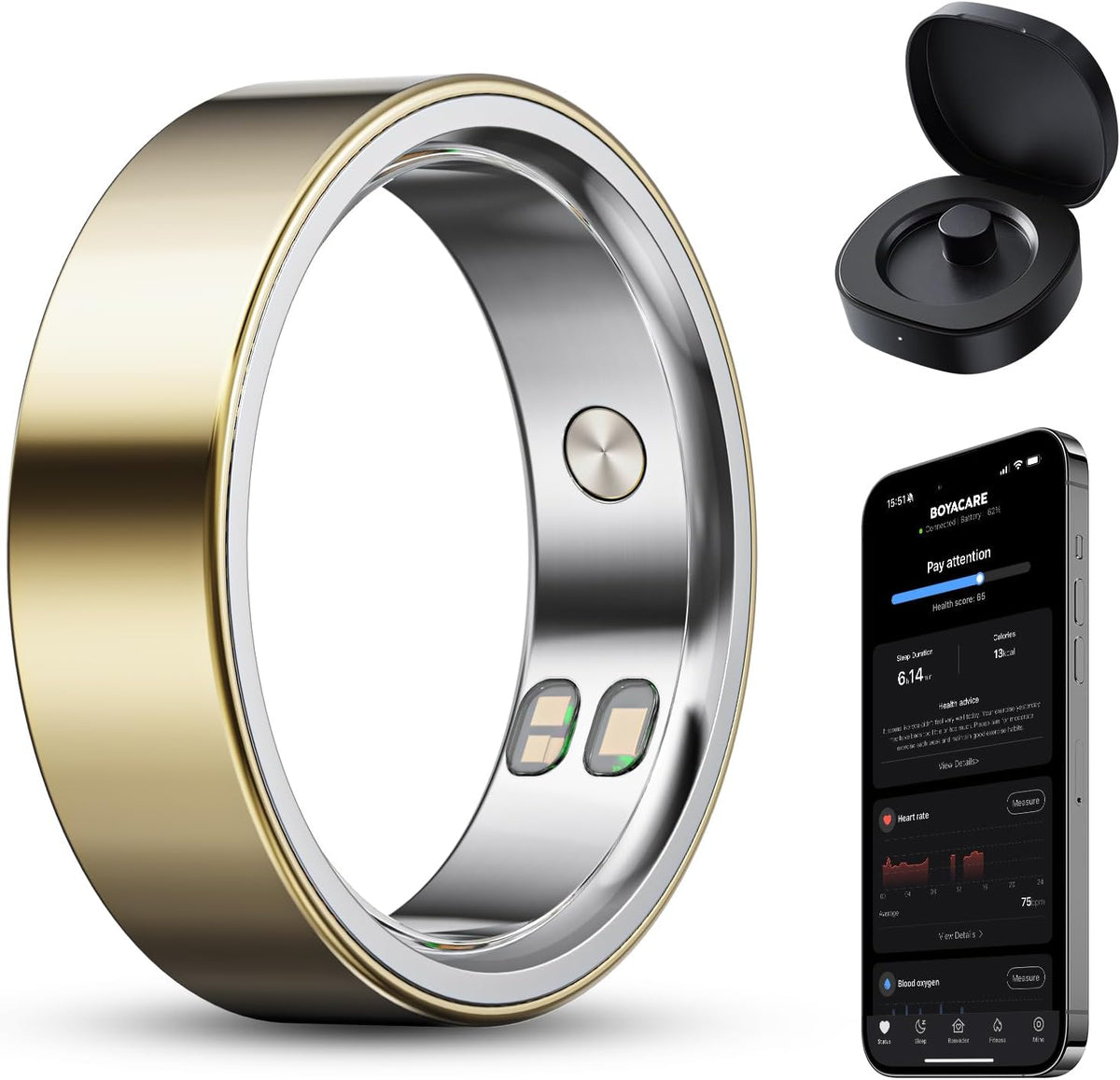 Anillo inteligente Boya BOYACARE Ring dorado con estuche de carga y app