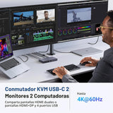 Switch KVM UGREEN USB-C 2 notebooks puertos y conexiones