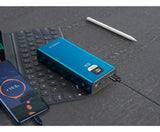 Batería externa Master-G 20.000 mAh azul, vista de funciones