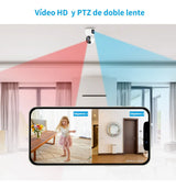 Cámara de seguridad WiFi 2NLF de interior doble lente blanca, vista desde otro ángulo