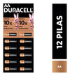 Pilas Duracell AA alcalinas tira de 12 unidades vista frontal