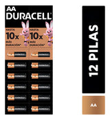 Pilas Duracell AA alcalinas tira de 12 unidades vista frontal