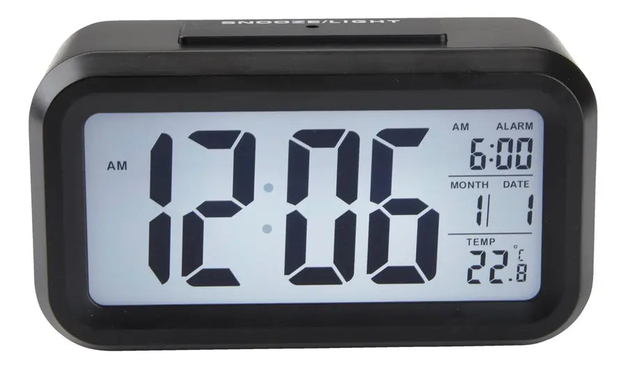 Reloj despertador digital LED negro con fecha y temperatura, vista principal