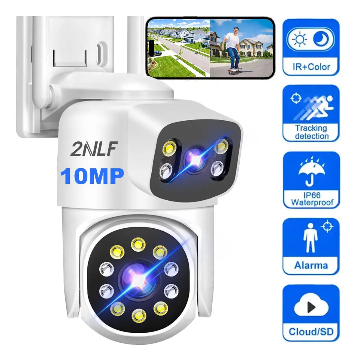Cámara de seguridad WiFi 2NLF doble lente PTZ blanca, vista principal