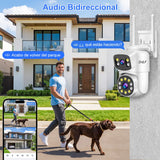 Cámara de seguridad WiFi 2NLF doble lente PTZ blanca, vista desde otro ángulo